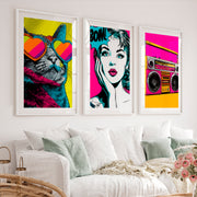 Retro Poster Wall Art with Pop Art Cat and Boombox - White Framed Poster with White Border - Artworksets