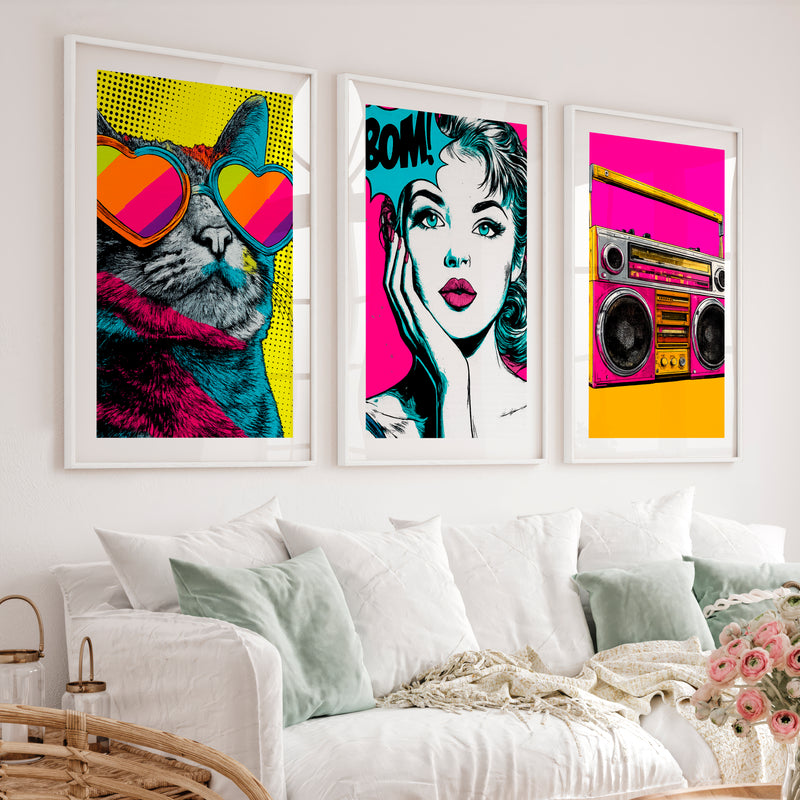 Retro Poster Wall Art with Pop Art Cat and Boombox - White Framed Poster with White Border - Artworksets