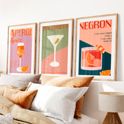 Retro Posters Featuring Vintage Cocktail Illustrations- Natural Wood Framed Poster with White Border - Artworksets