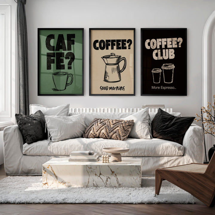 Retro Posters Featuring Coffee Cups and Moka Pot Illustrations - Black Framed Poster No Border - Artworksets