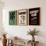 Retro Posters Featuring Coffee Cups and Moka Pot Illustrations - Dark Brown Framed Poster No Border - Artworksets