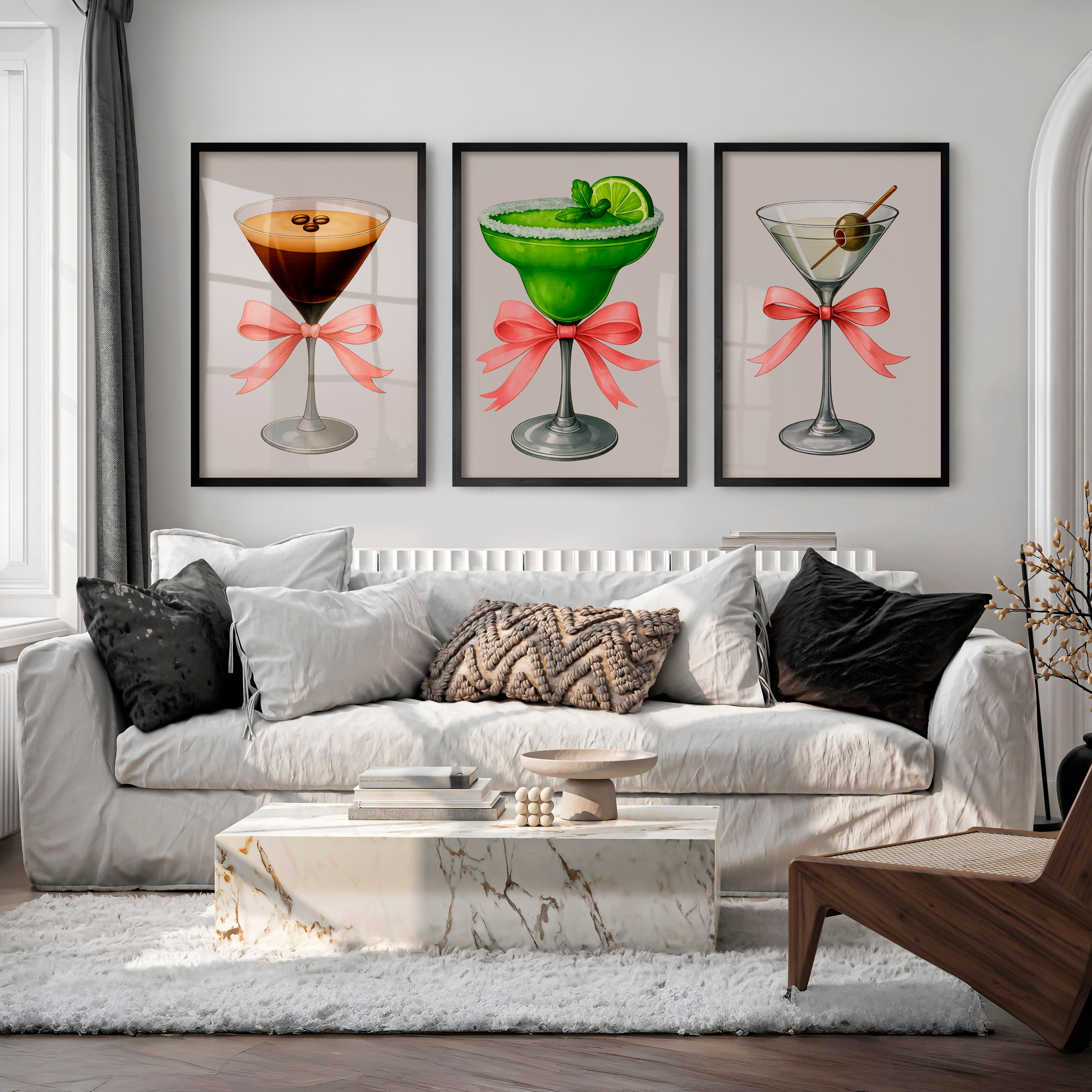 Cocktail Glass Retro Posters for Room with Pink Bows - Black Framed Poster No Border - Artworksets
