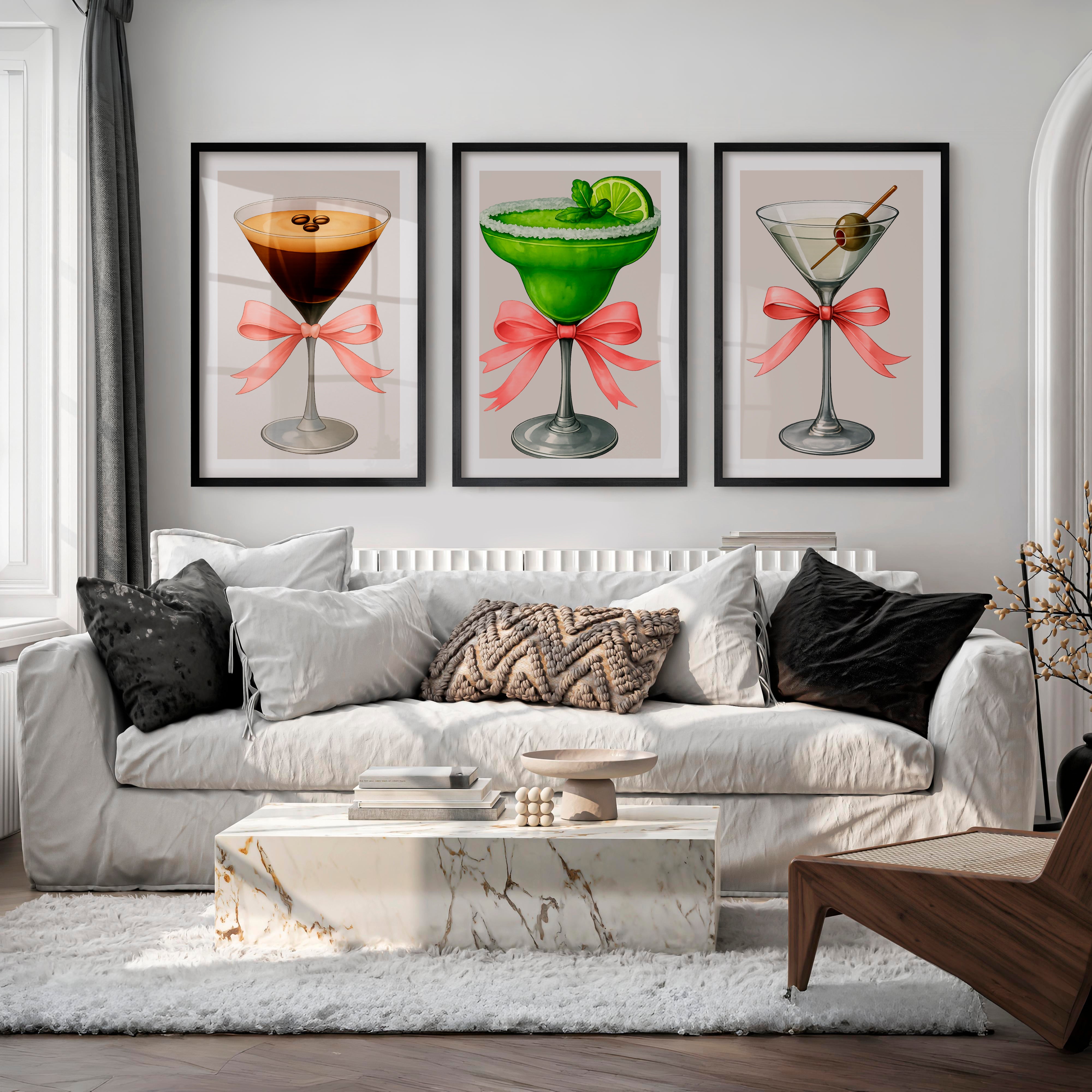 Cocktail Glass Retro Posters for Room with Pink Bows - Black Framed Poster with White Border - Artworksets