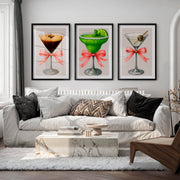 Cocktail Glass Retro Posters for Room with Pink Bows - Black Framed Poster with White Border - Artworksets