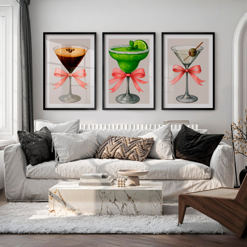Cocktail Glass Retro Posters for Room with Pink Bows - Black Framed Poster with White Border - Artworksets