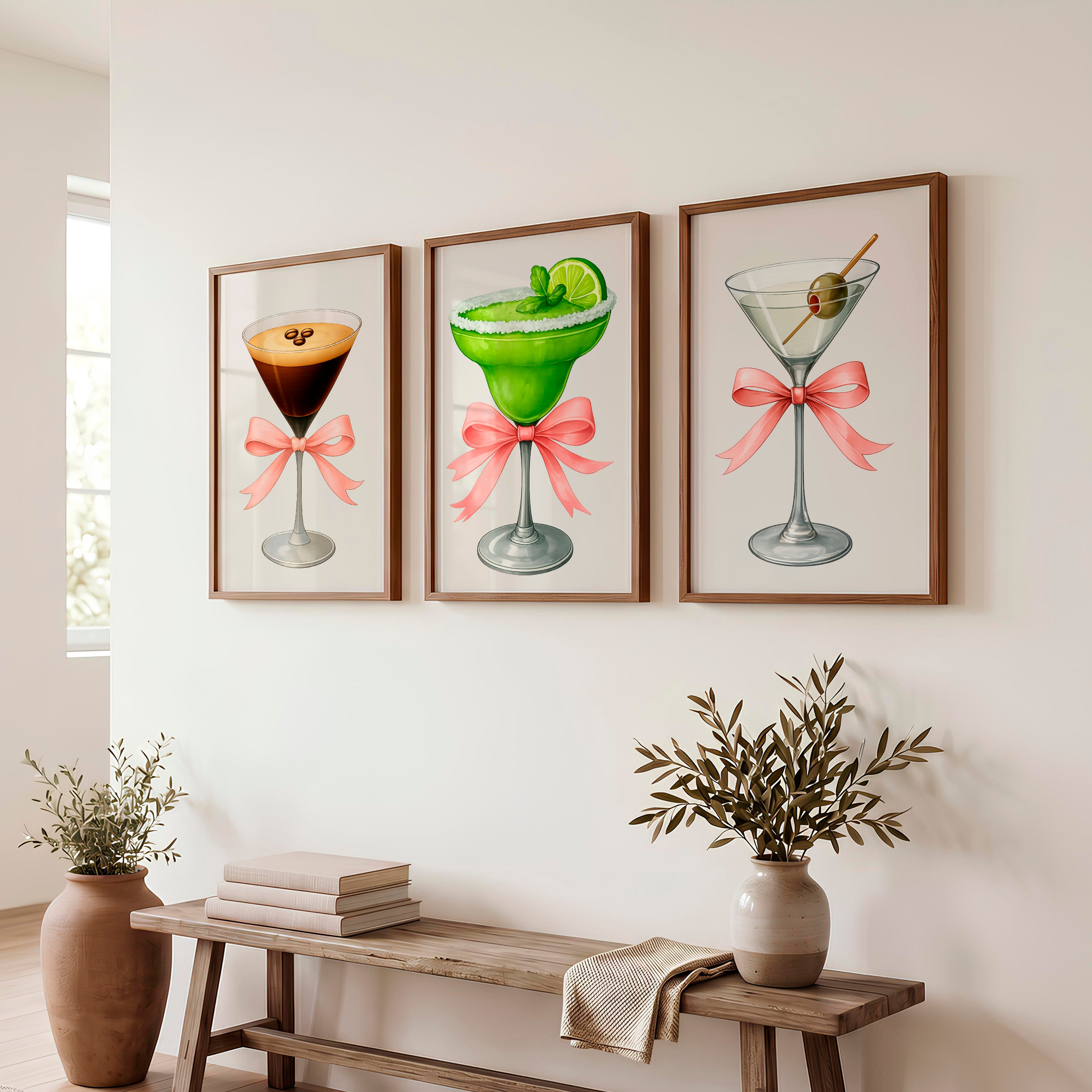 Cocktail Glass Retro Posters for Room with Pink Bows - Dark Brown Framed Poster No Border - Artworksets