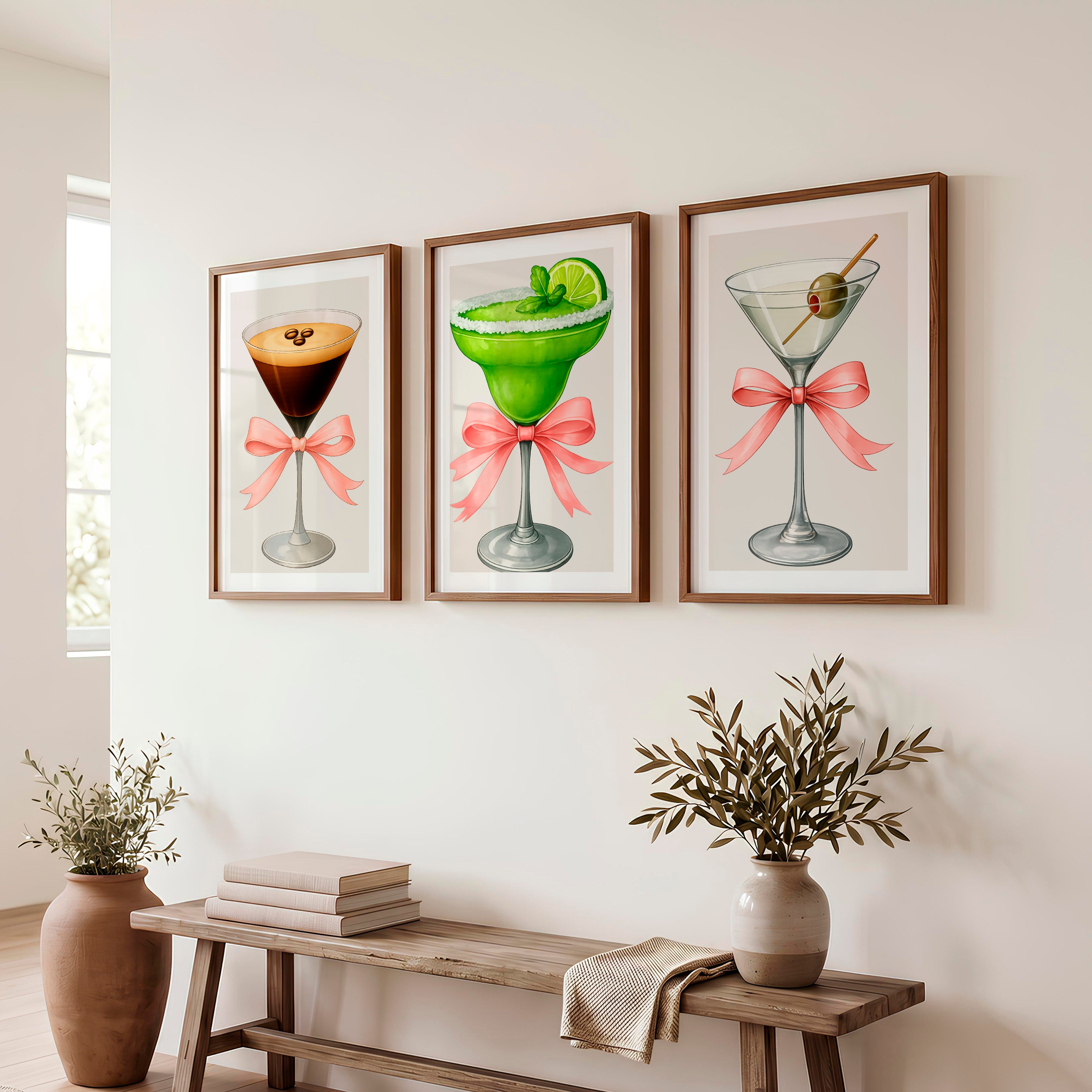 Cocktail Glass Retro Posters for Room with Pink Bows - Dark Brown Framed Poster with White Border - Artworksets
