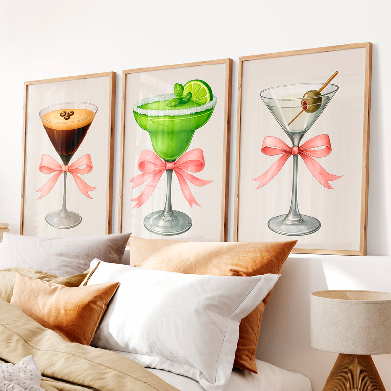 Cocktail Glass Retro Posters for Room with Pink Bows - Natural Wood Framed Poster No Border - Artworksets