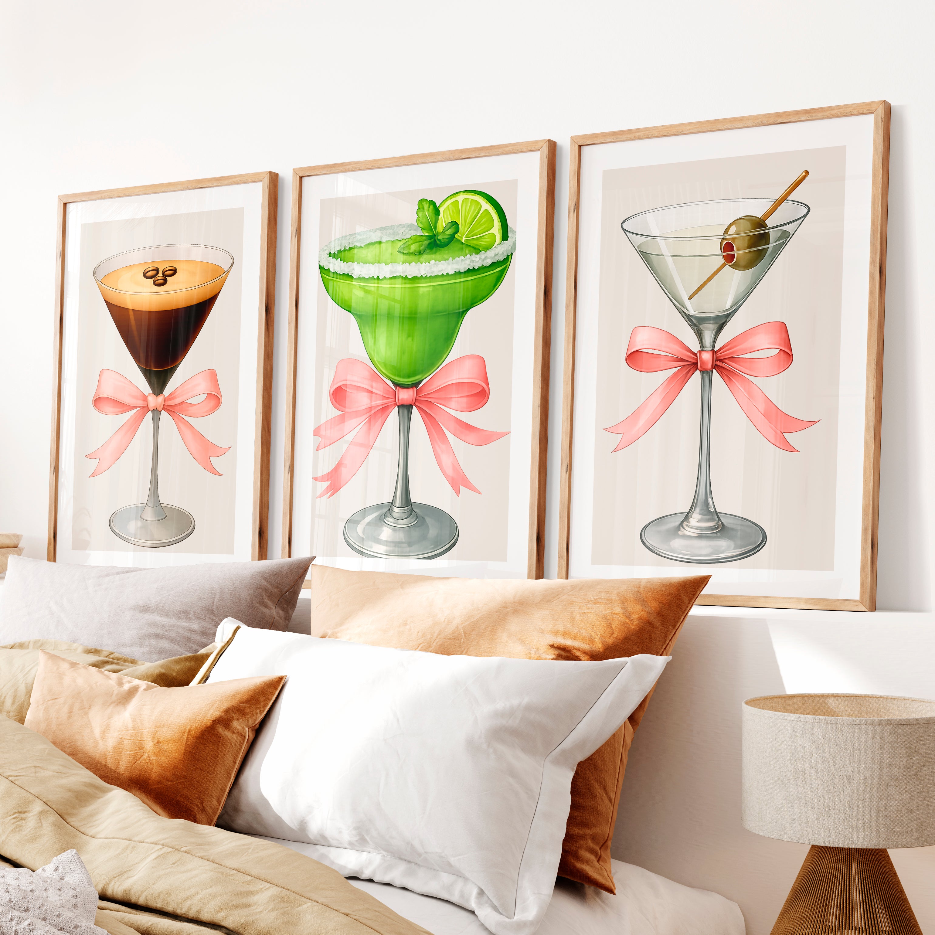 Cocktail Glass Retro Posters for Room with Pink Bows- Natural Wood Framed Poster with White Border - Artworksets