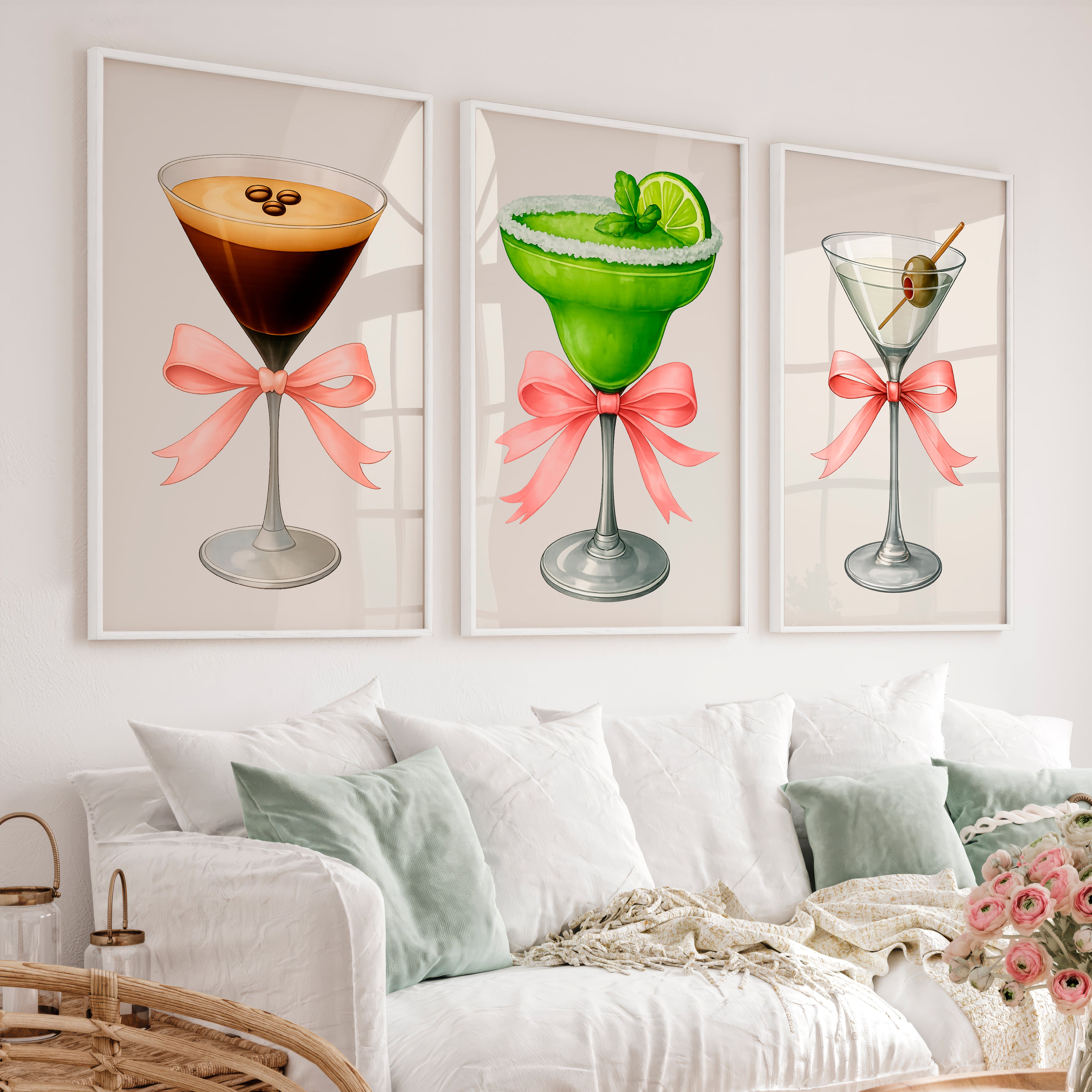 Cocktail Glass Retro Posters for Room with Pink Bows - White Framed Poster No Border - Artworksets