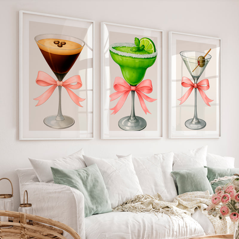 Cocktail Glass Retro Posters for Room with Pink Bows - White Framed Poster with White Border - Artworksets
