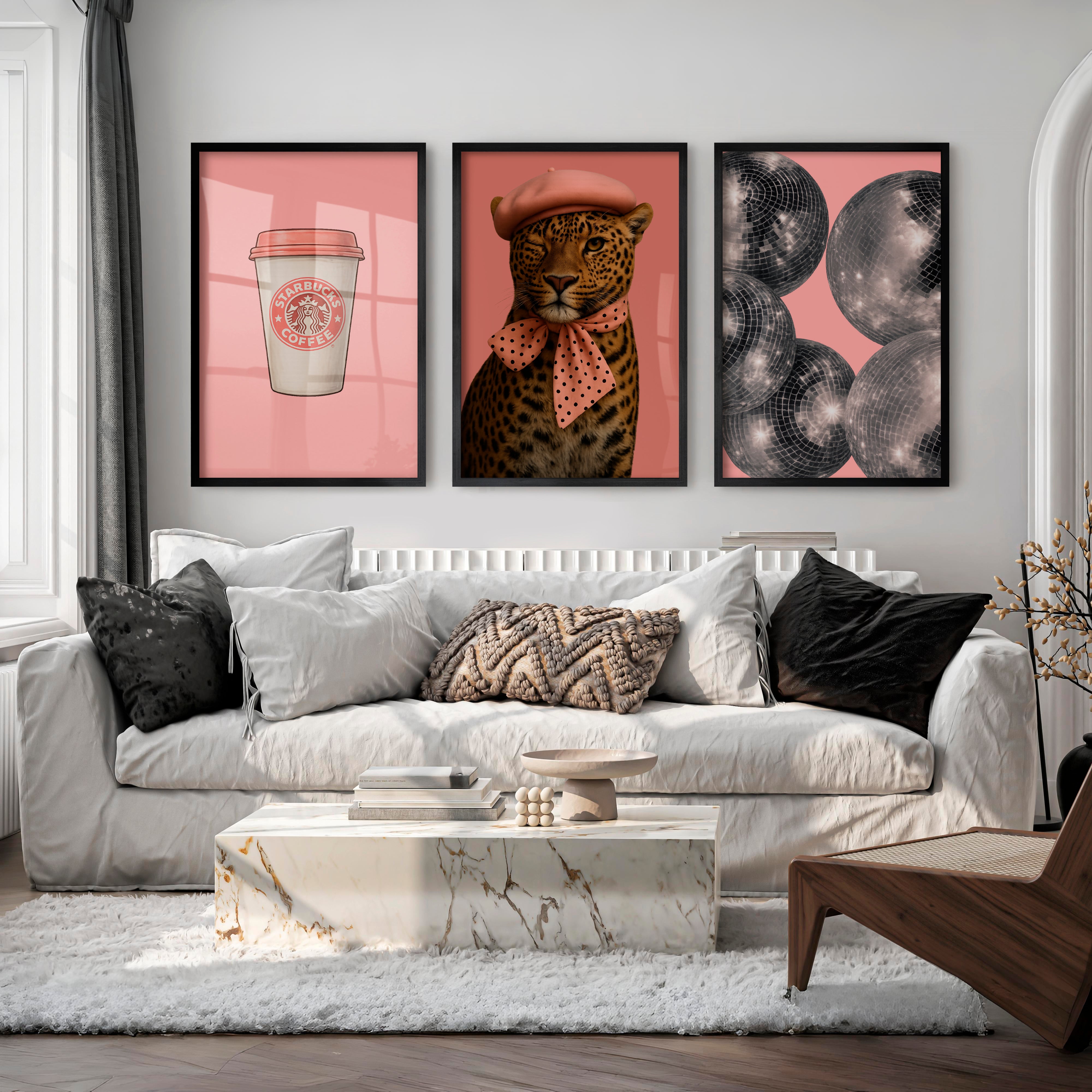 Pink Leopard Coffee retro posters for room - Black Framed Poster No Border - Artworksets