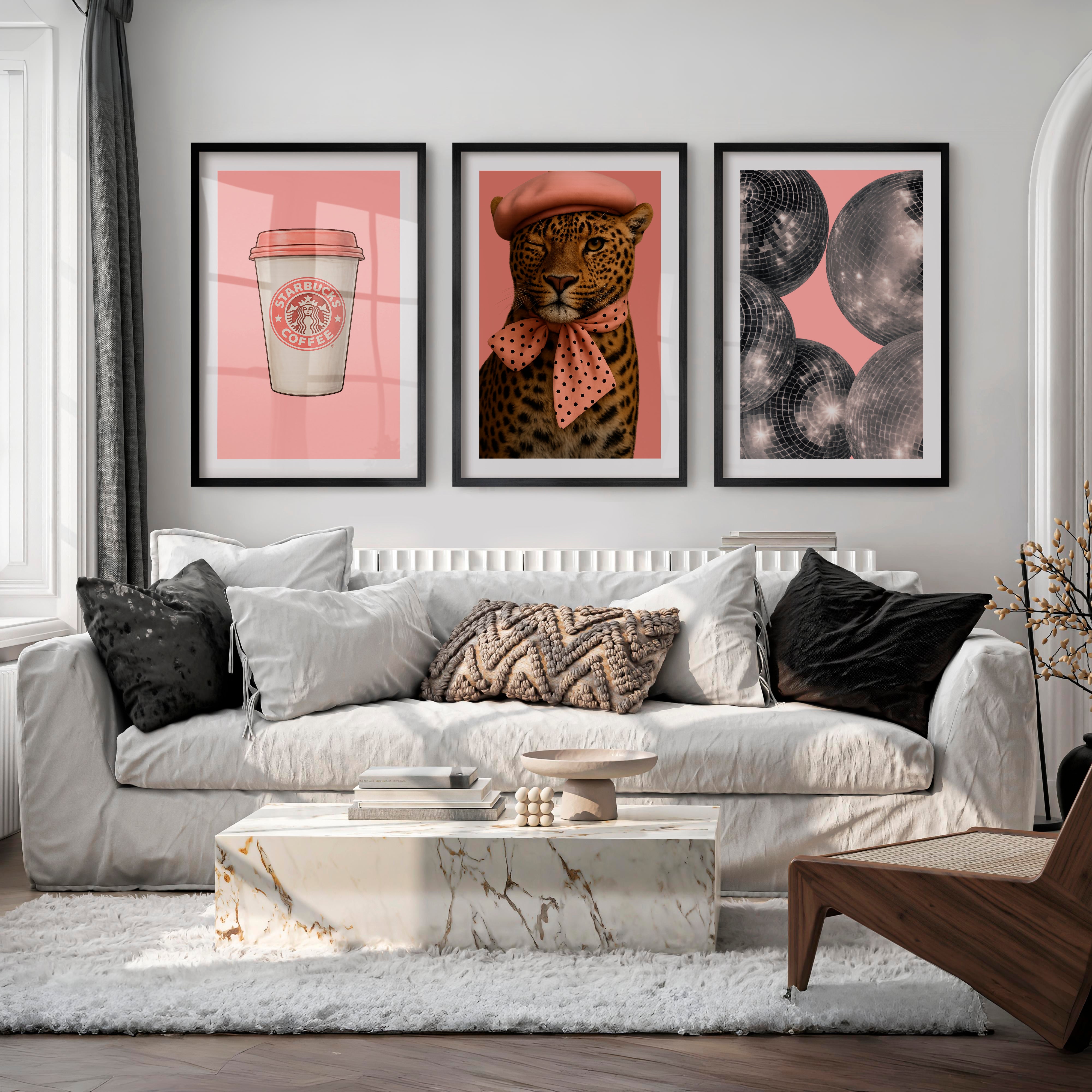 Pink Leopard Coffee retro posters for room - Black Framed Poster with White Border - Artworksets