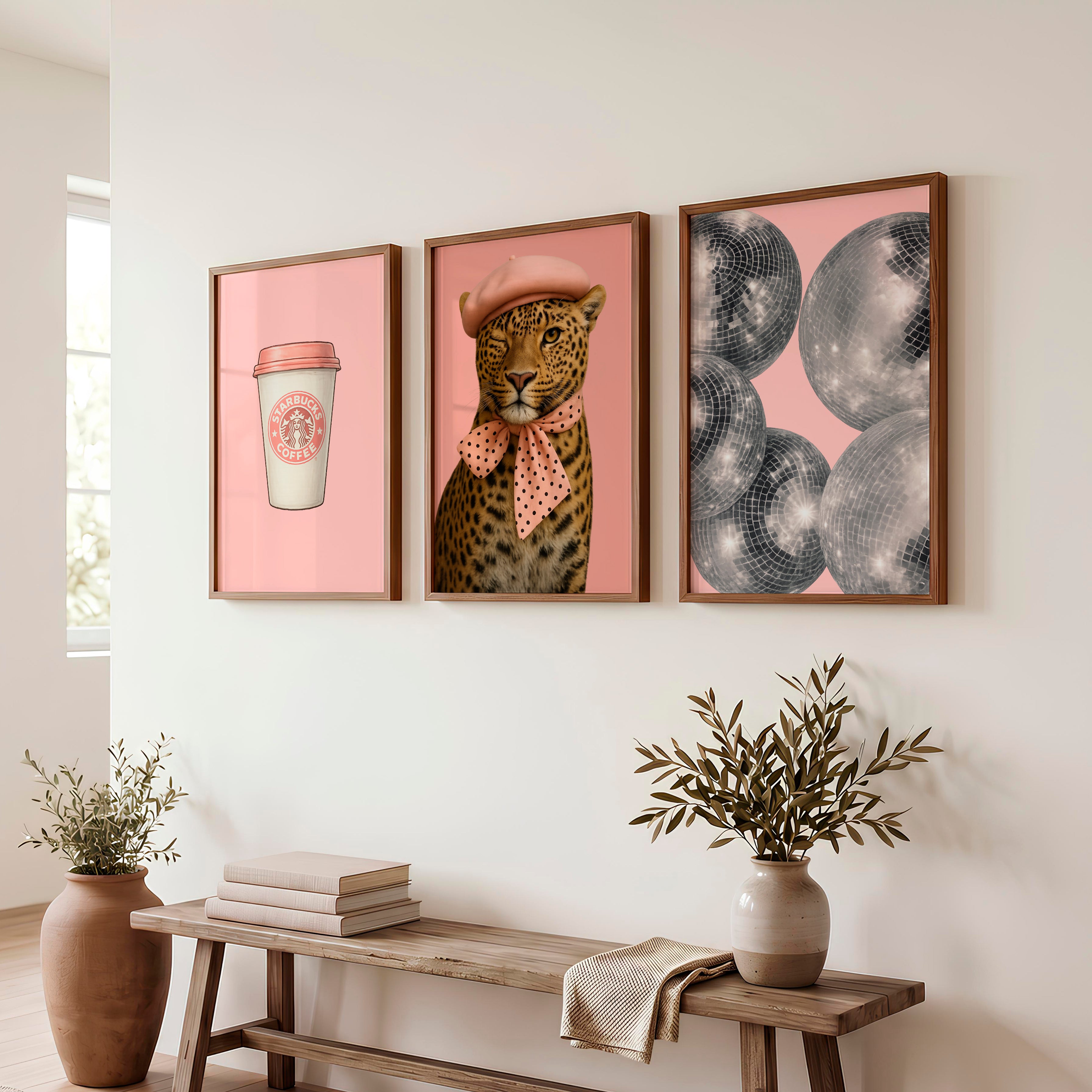 Pink Leopard Coffee retro posters for room - Dark Brown Framed Poster No Border - Artworksets