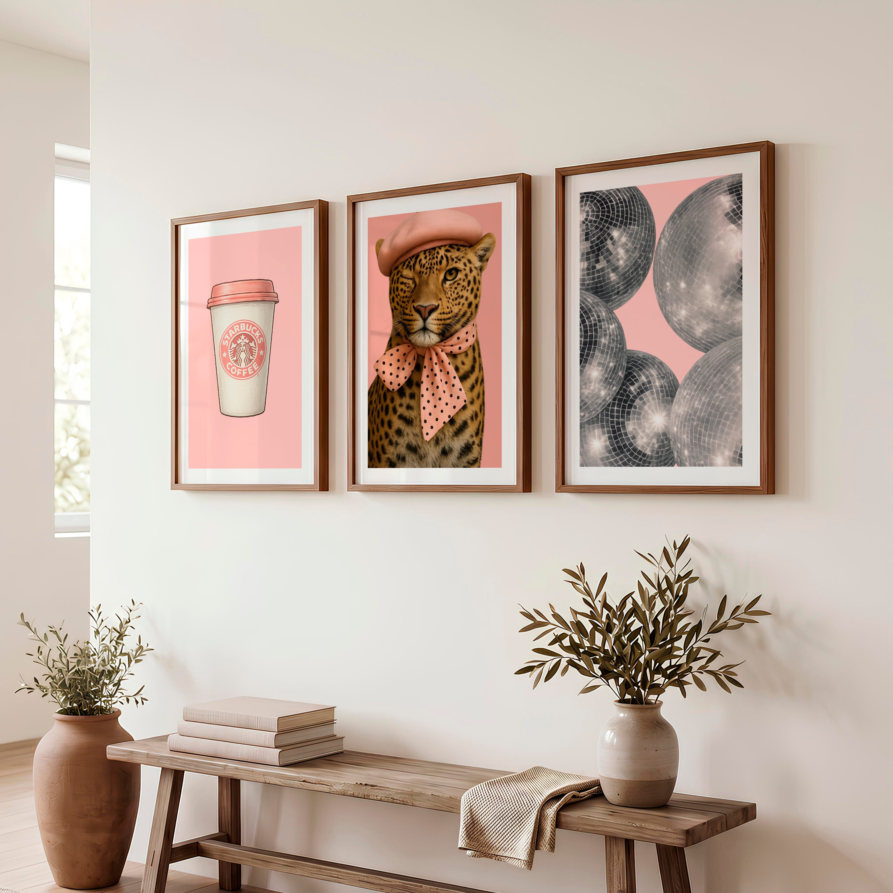 Pink Leopard Coffee retro posters for room - Dark Brown Framed Poster with White Border - Artworksets