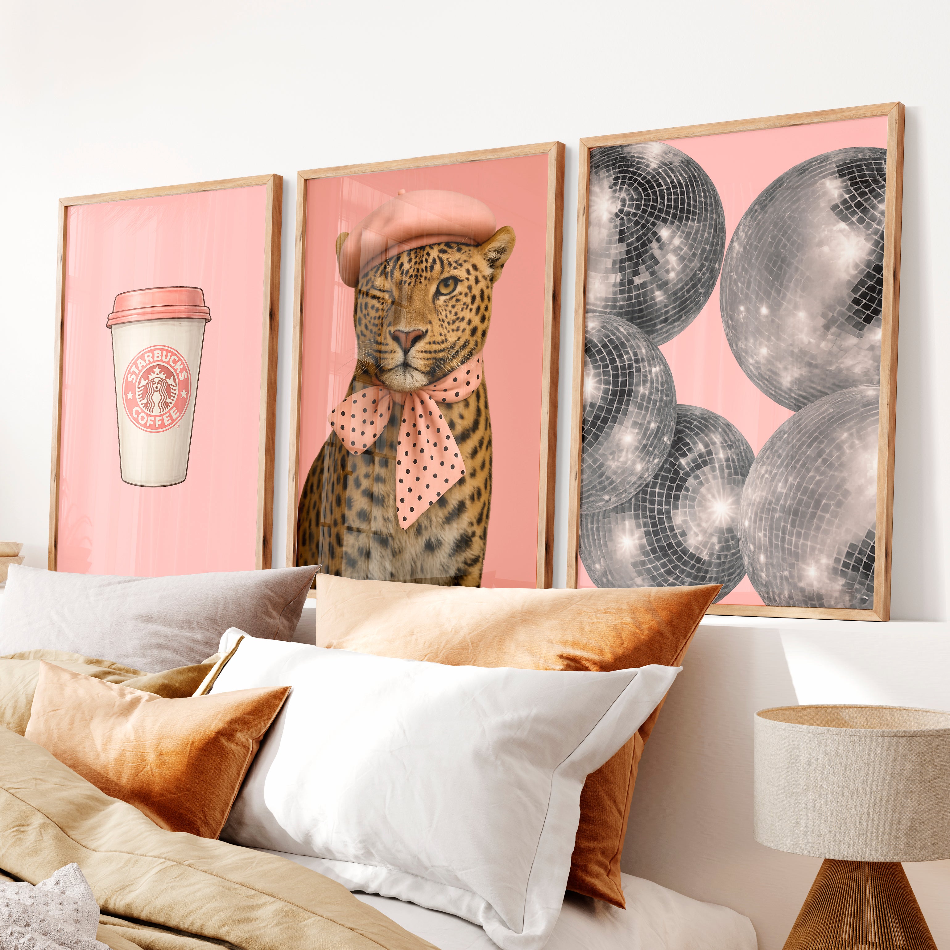 Pink Leopard Coffee retro posters for room - Natural Wood Framed Poster No Border - Artworksets