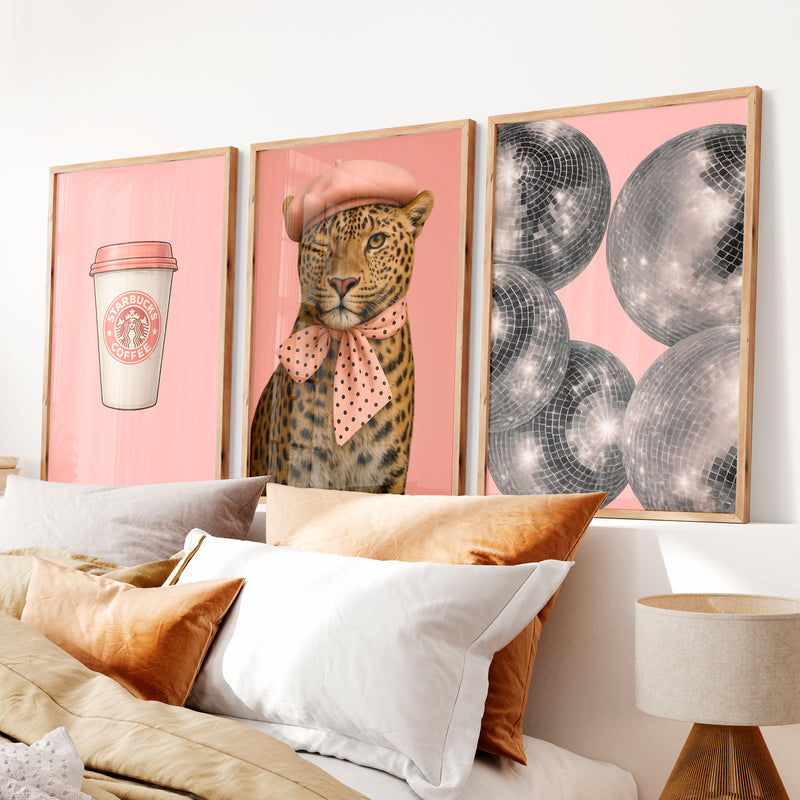 Pink Leopard Coffee retro posters for room - Natural Wood Framed Poster No Border - Artworksets