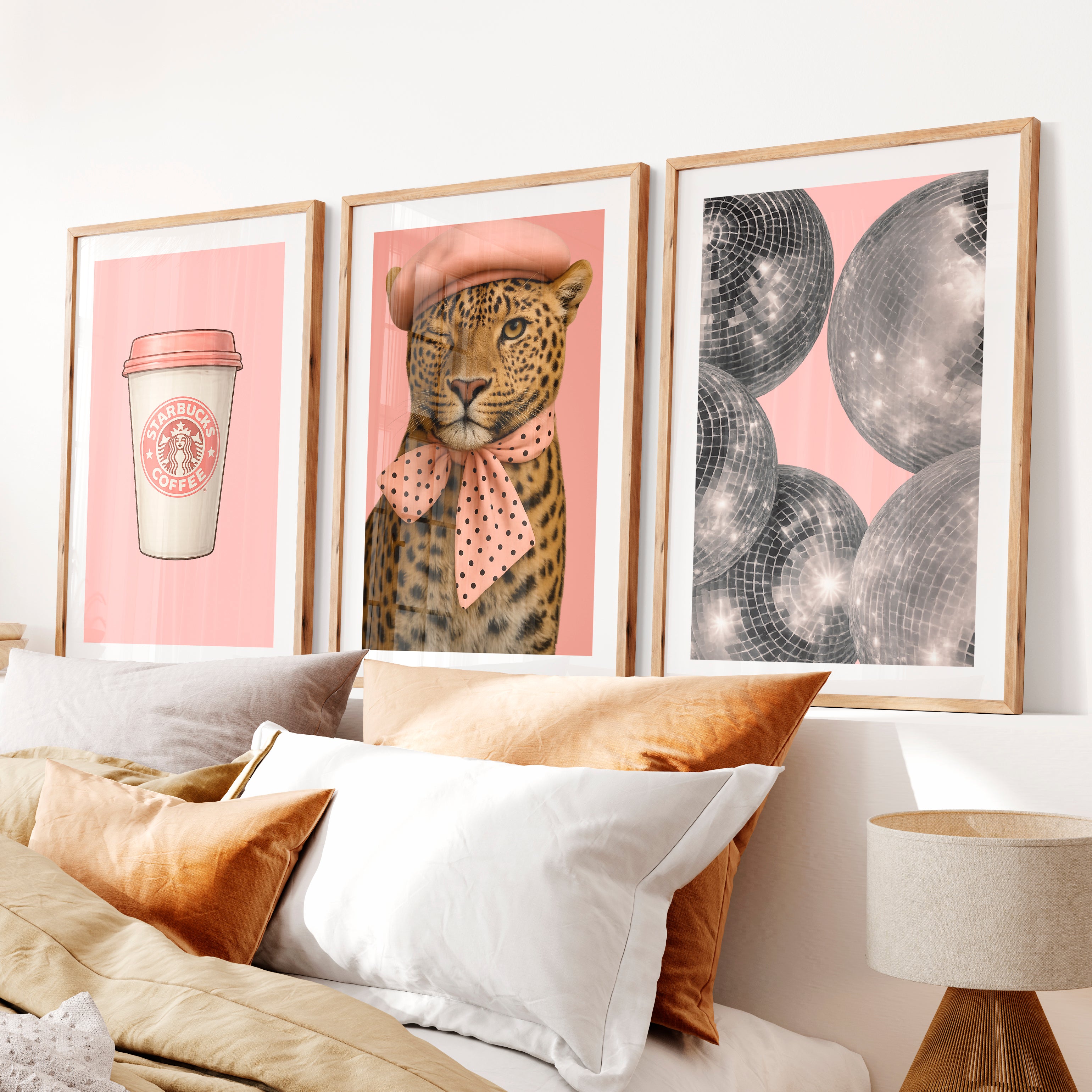 Pink Leopard Coffee retro posters for room- Natural Wood Framed Poster with White Border - Artworksets