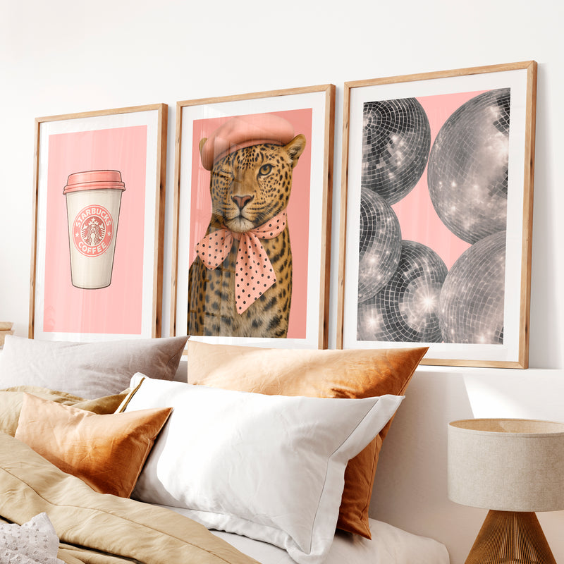 Pink Leopard Coffee retro posters for room- Natural Wood Framed Poster with White Border - Artworksets