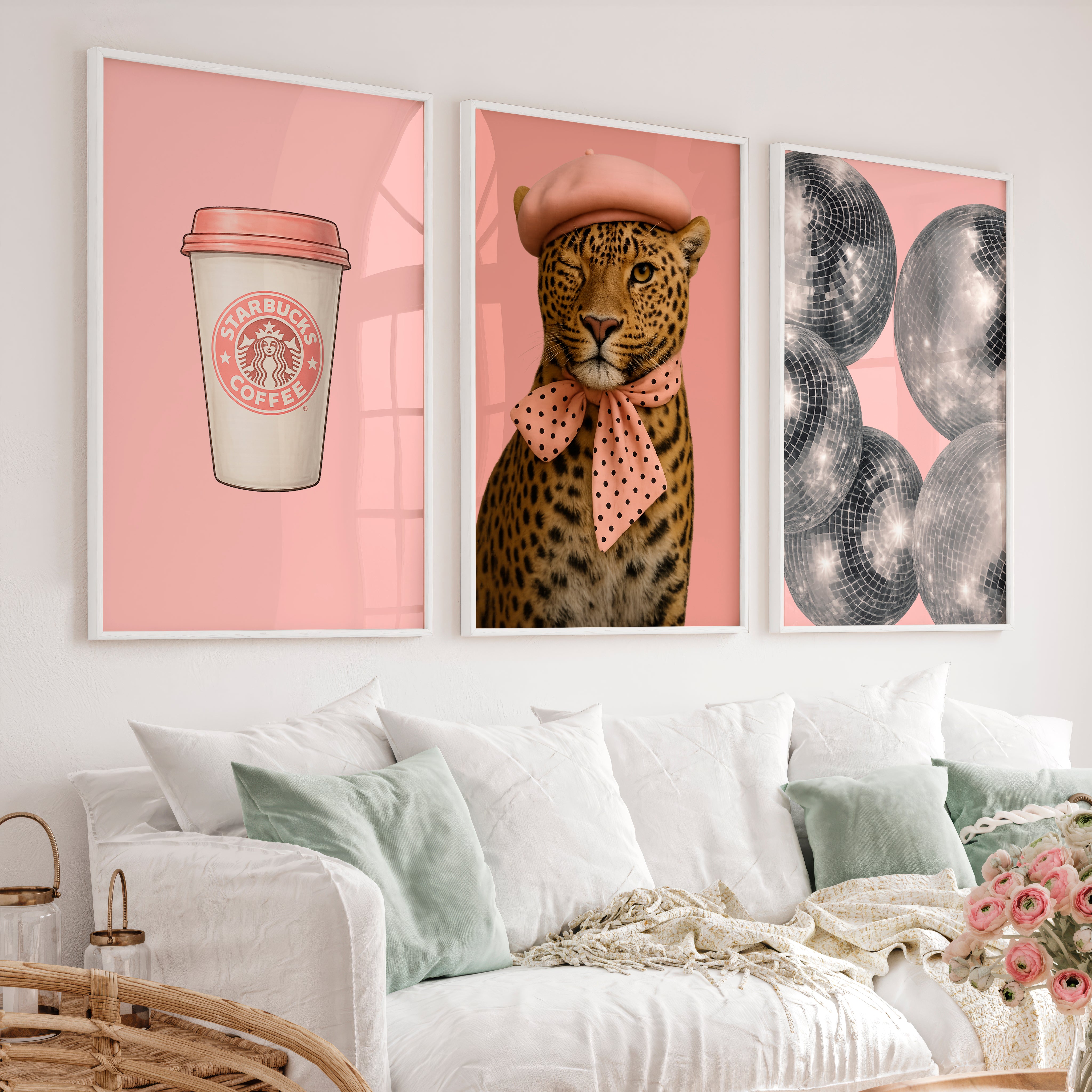 Pink Leopard Coffee retro posters for room - White Framed Poster No Border - Artworksets