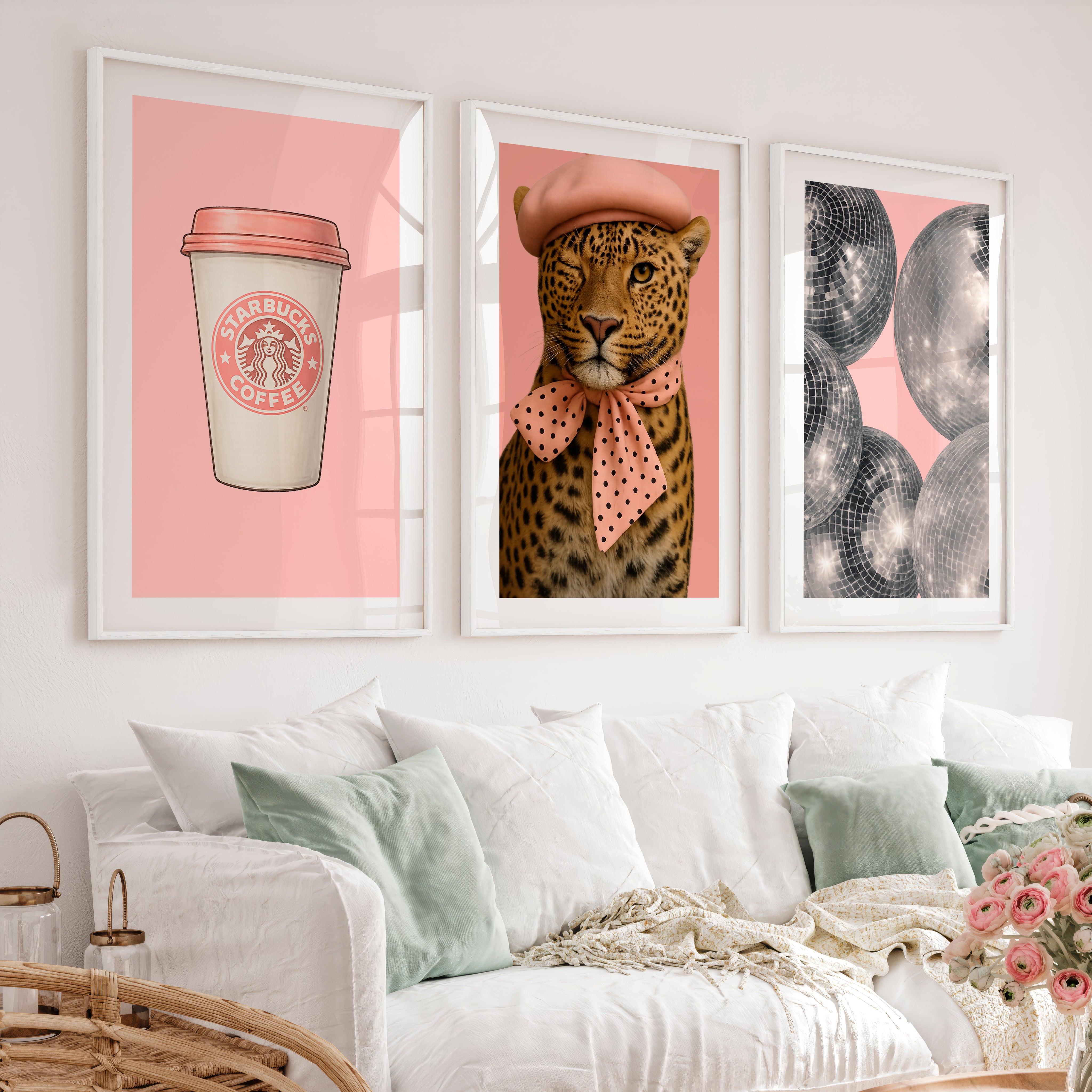 Pink Leopard Coffee retro posters for room - White Framed Poster with White Border - Artworksets
