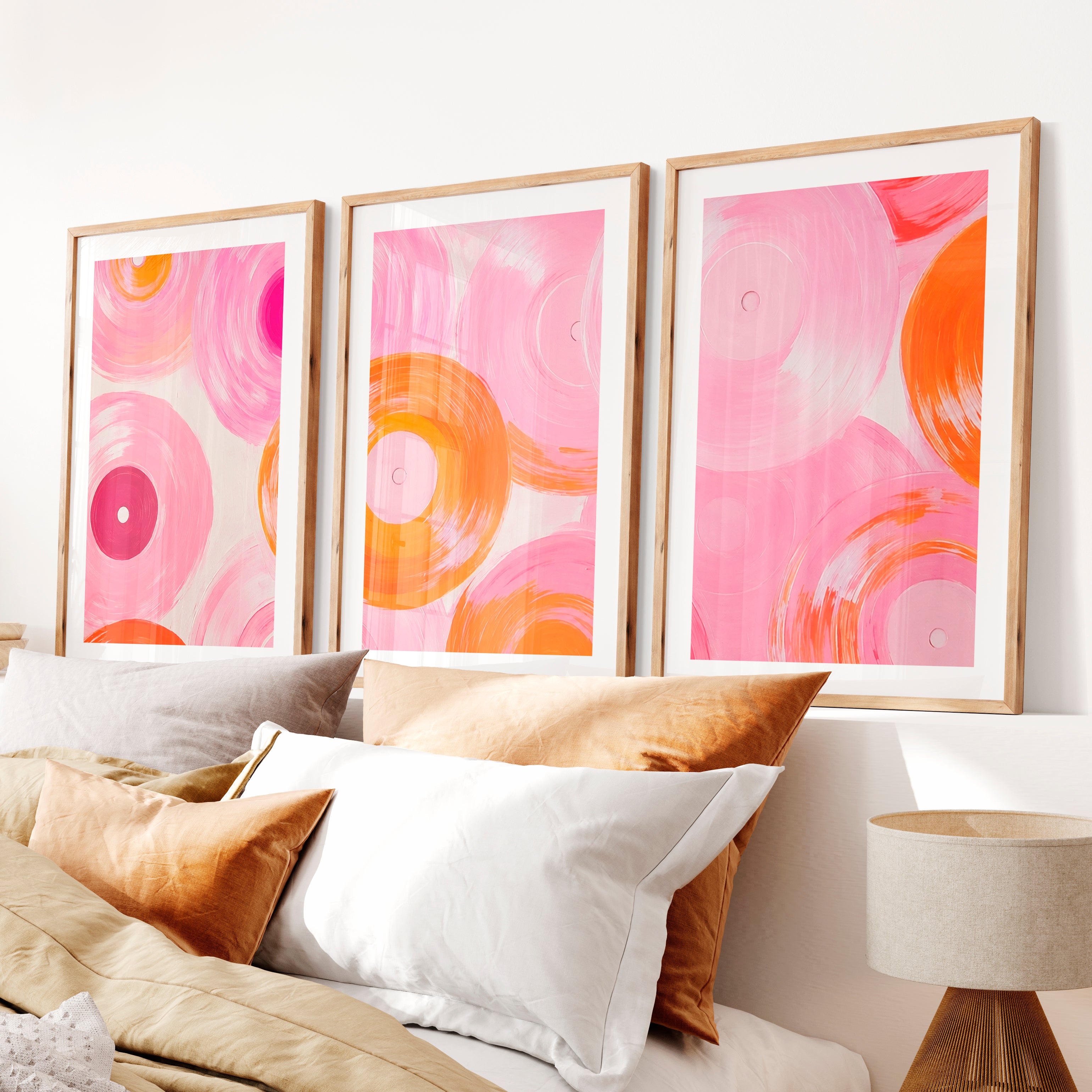 Pink Vinyl Records Retro Posters for Room- Natural Wood Framed Poster with White Border - Artworksets