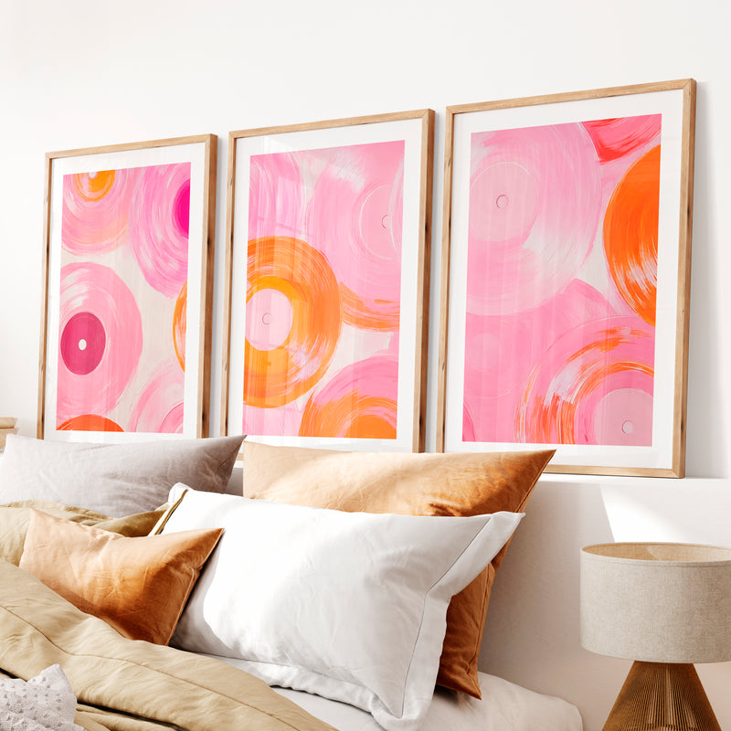Pink Vinyl Records Retro Posters for Room- Natural Wood Framed Poster with White Border - Artworksets