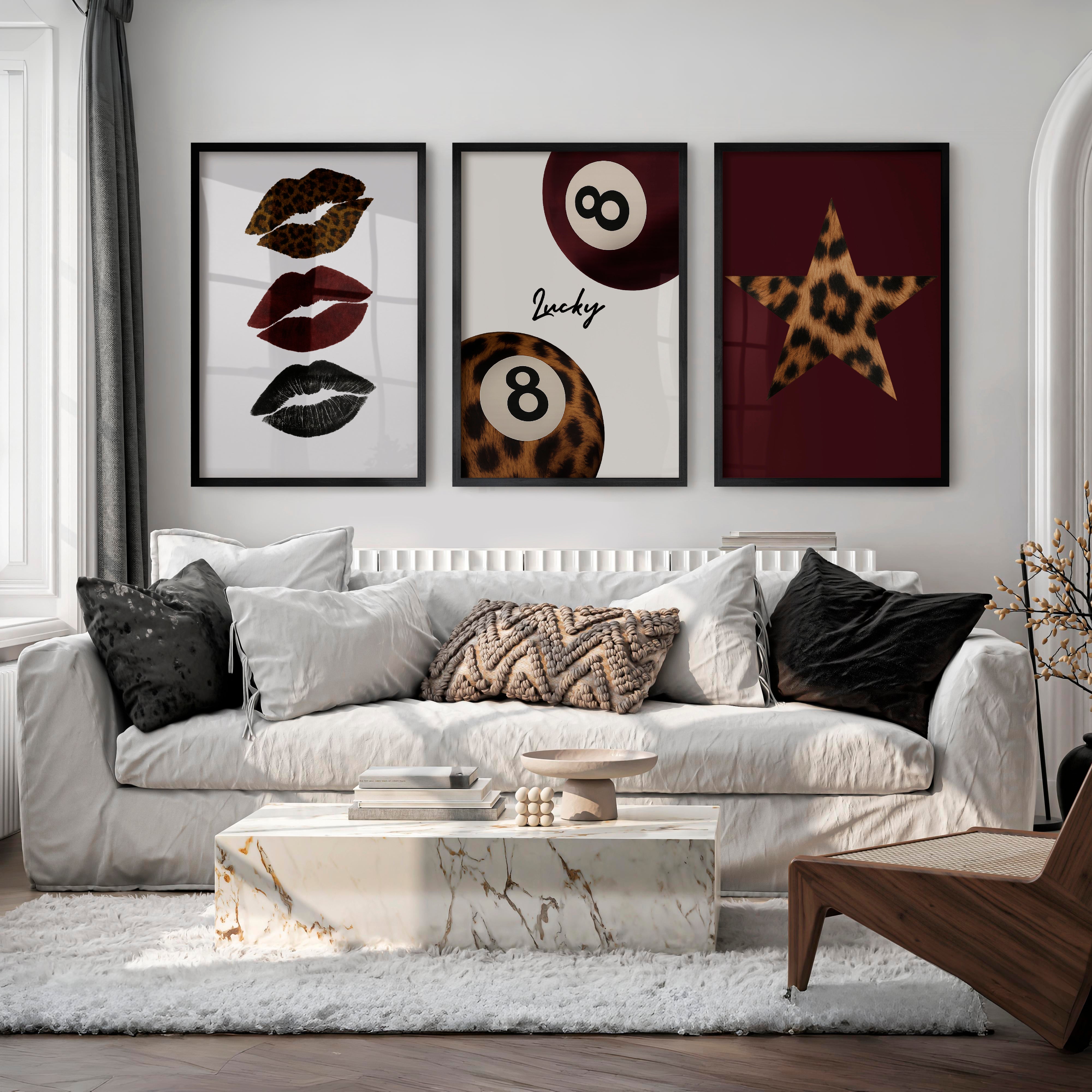 Lucky Eight Retro Posters with Leopard Lips - Black Framed Poster No Border - Artworksets