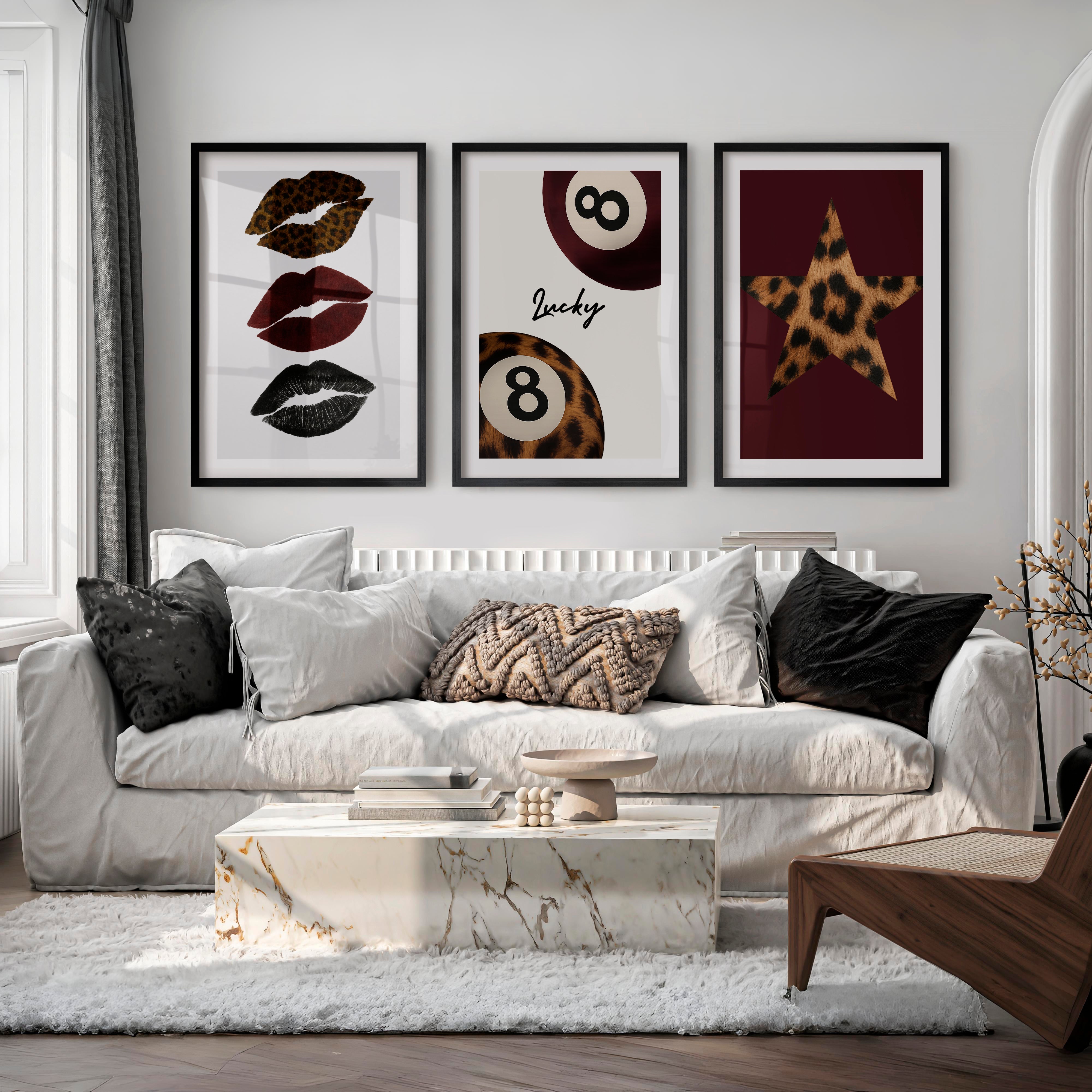Lucky Eight Retro Posters with Leopard Lips - Black Framed Poster with White Border - Artworksets