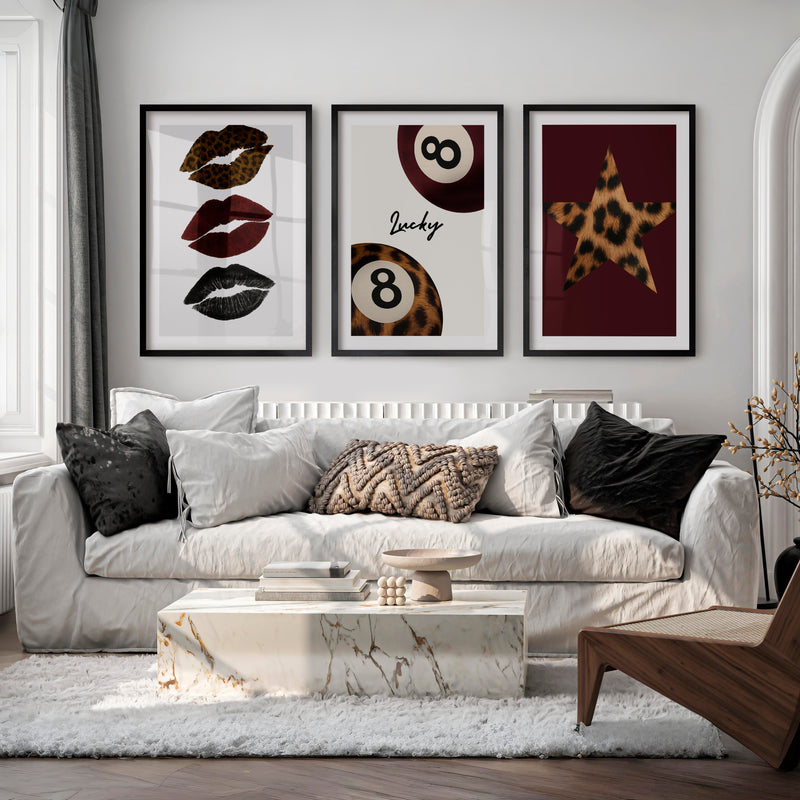 Lucky Eight Retro Posters with Leopard Lips - Black Framed Poster with White Border - Artworksets
