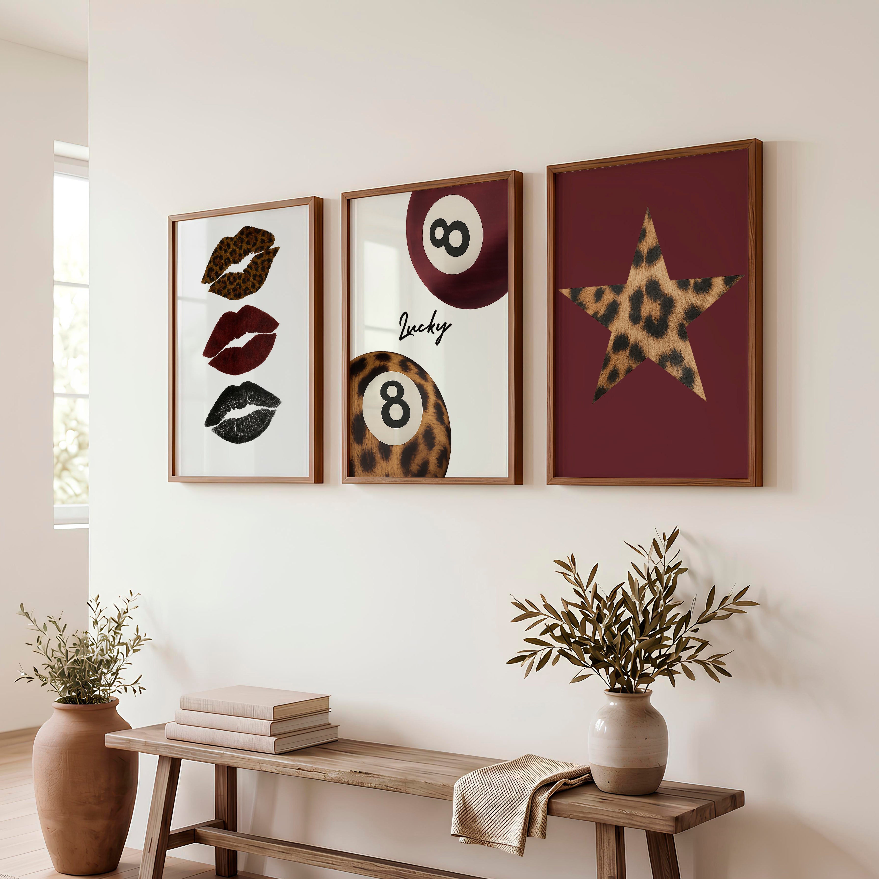 Lucky Eight Retro Posters with Leopard Lips - Dark Brown Framed Poster No Border - Artworksets