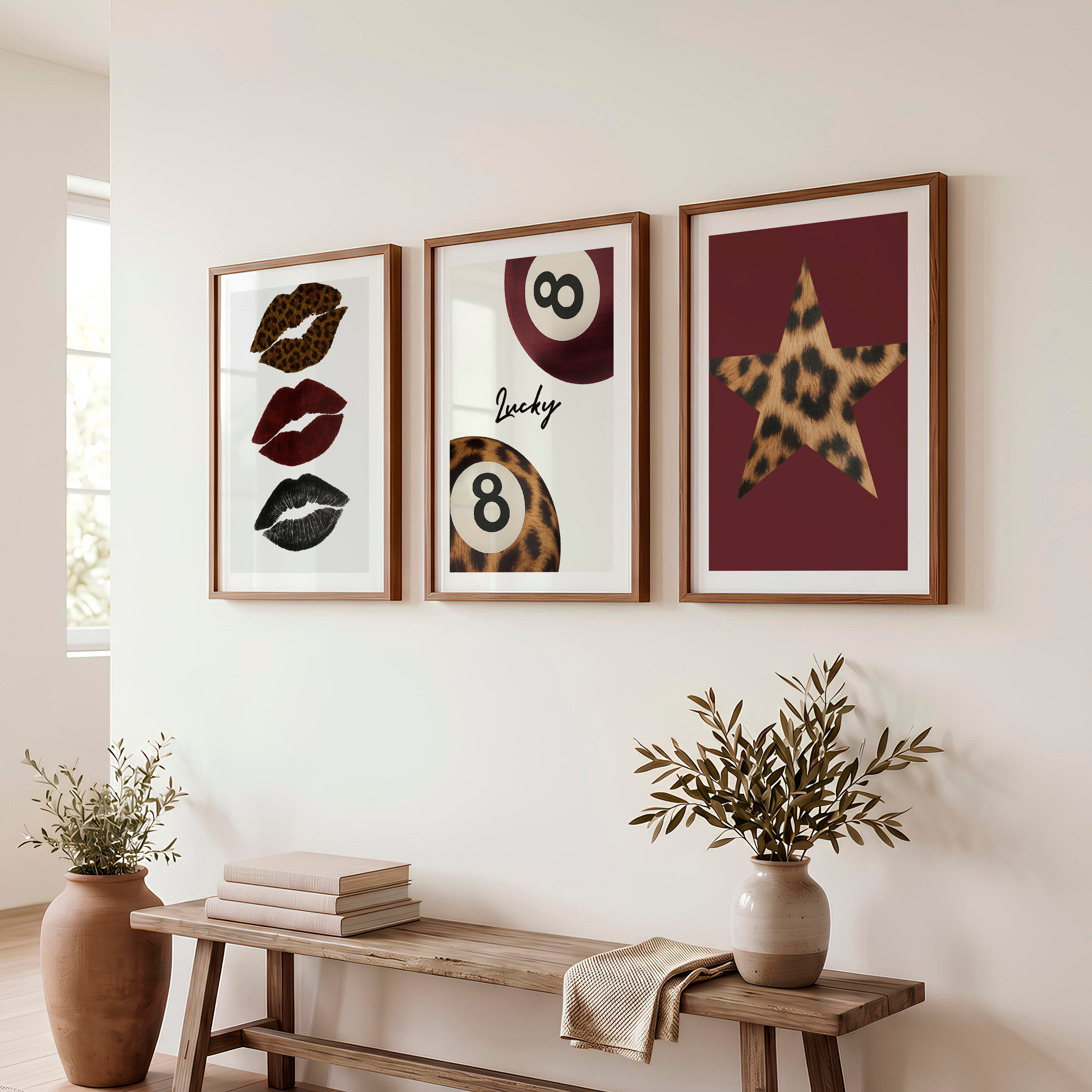 Lucky Eight Retro Posters with Leopard Lips - Dark Brown Framed Poster with White Border - Artworksets