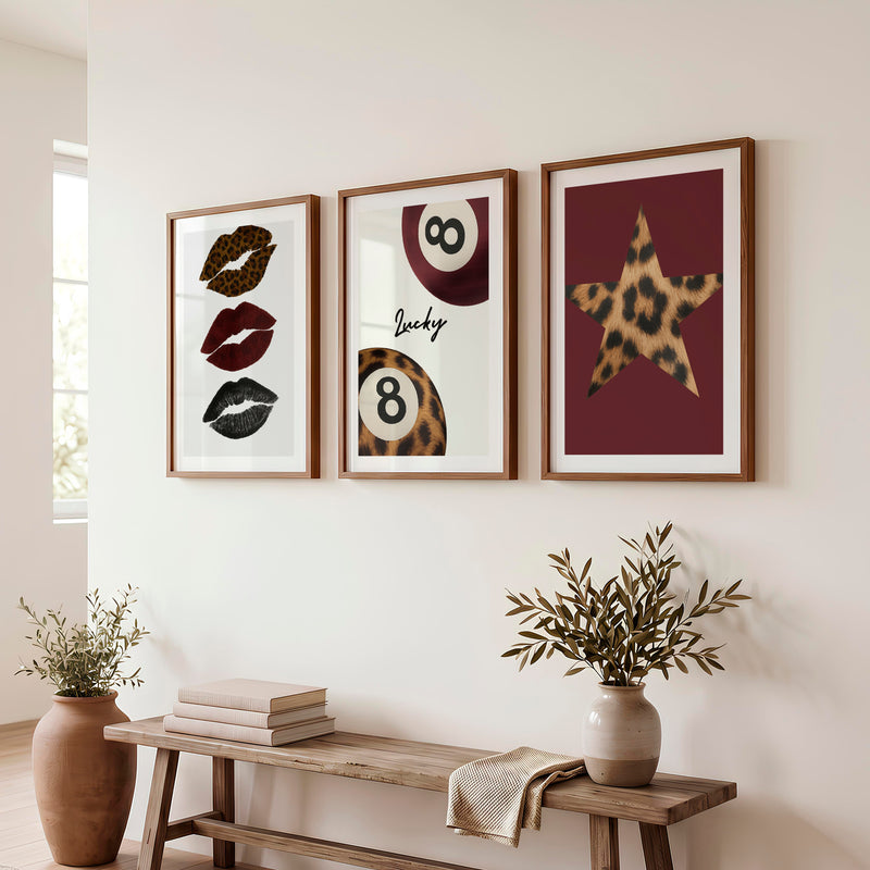 Lucky Eight Retro Posters with Leopard Lips - Dark Brown Framed Poster with White Border - Artworksets