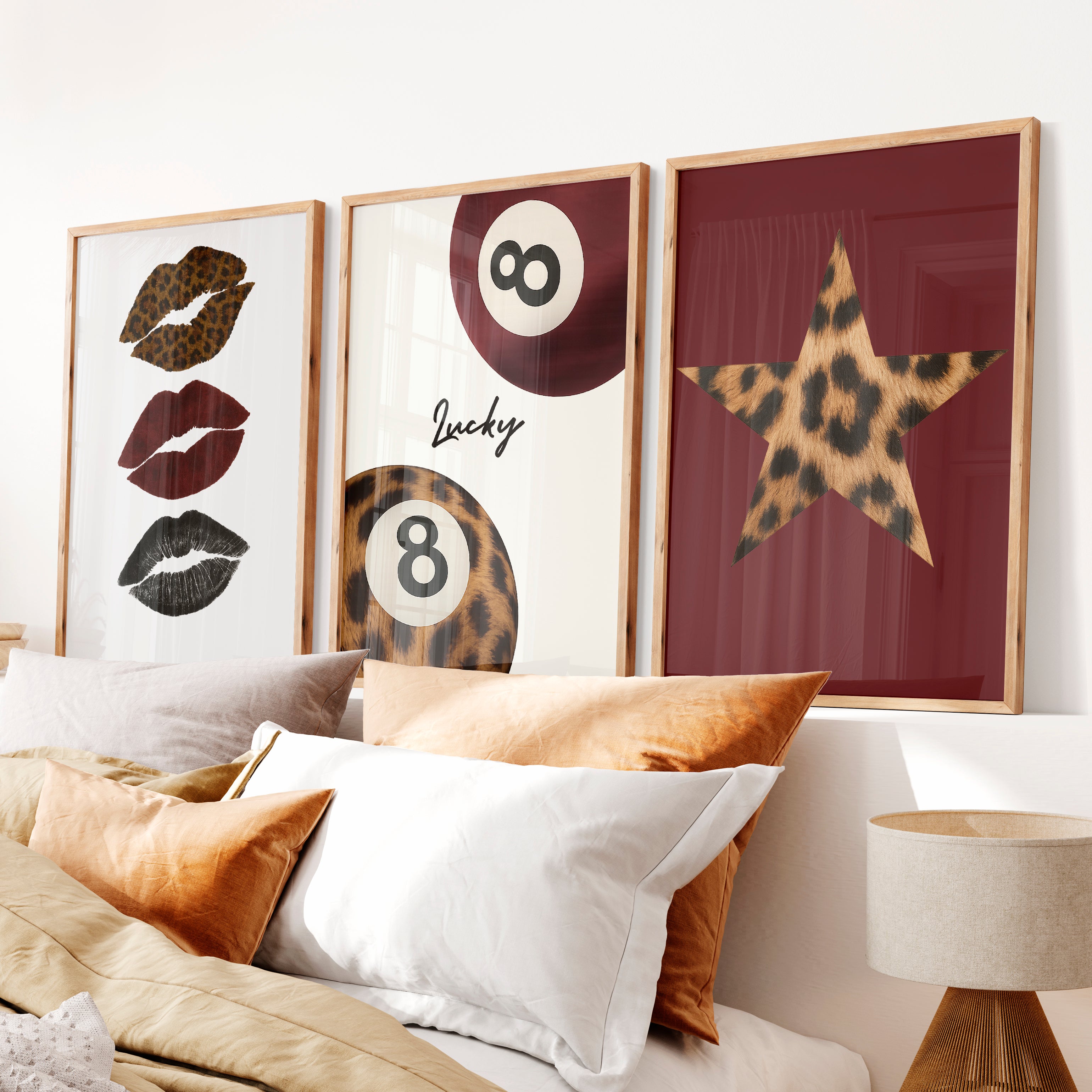 Lucky Eight Retro Posters with Leopard Lips - Natural Wood Framed Poster No Border - Artworksets