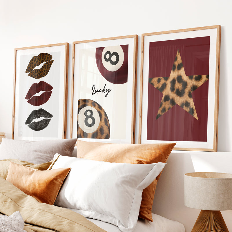 Lucky Eight Retro Posters with Leopard Lips- Natural Wood Framed Poster with White Border - Artworksets