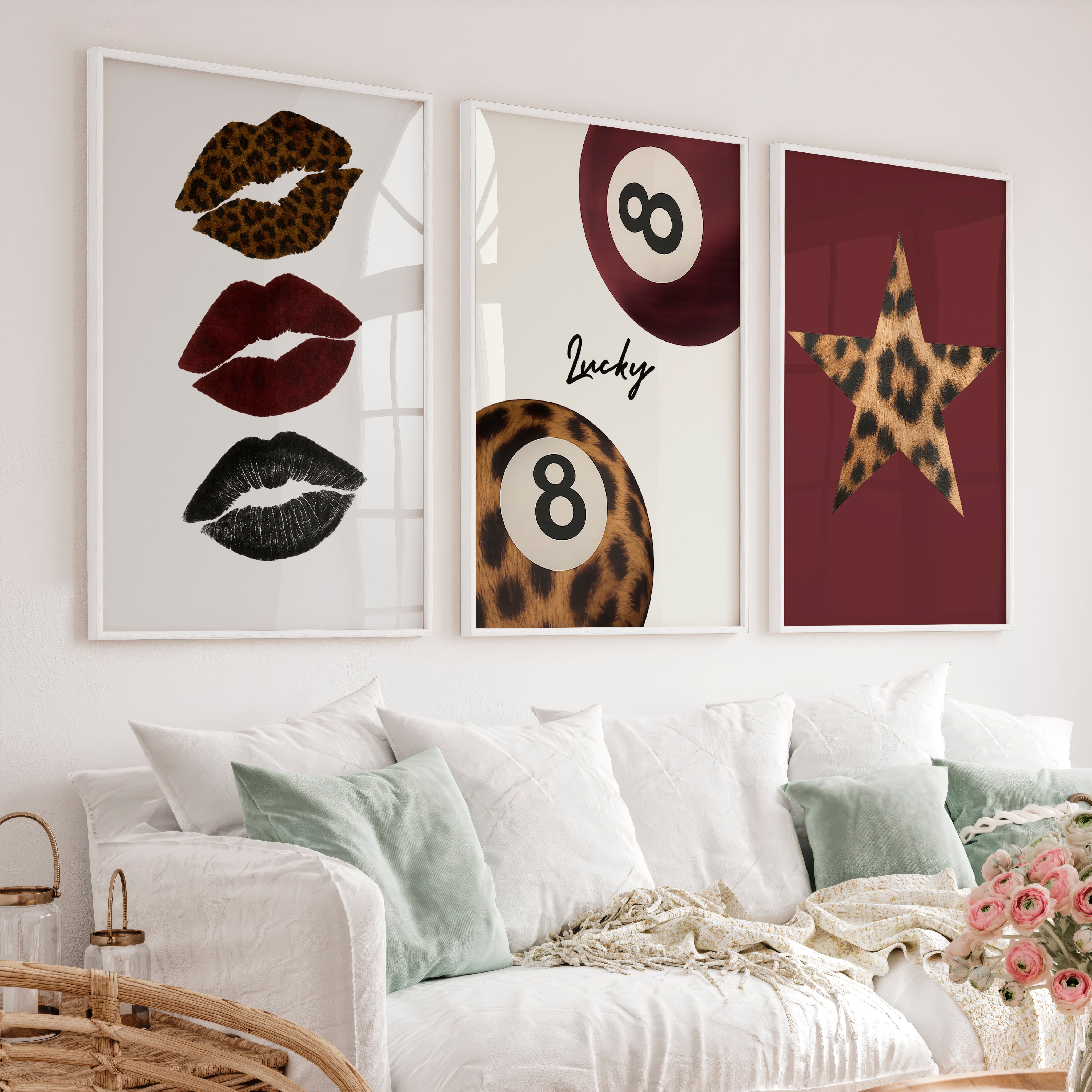Lucky Eight Retro Posters with Leopard Lips - White Framed Poster No Border - Artworksets