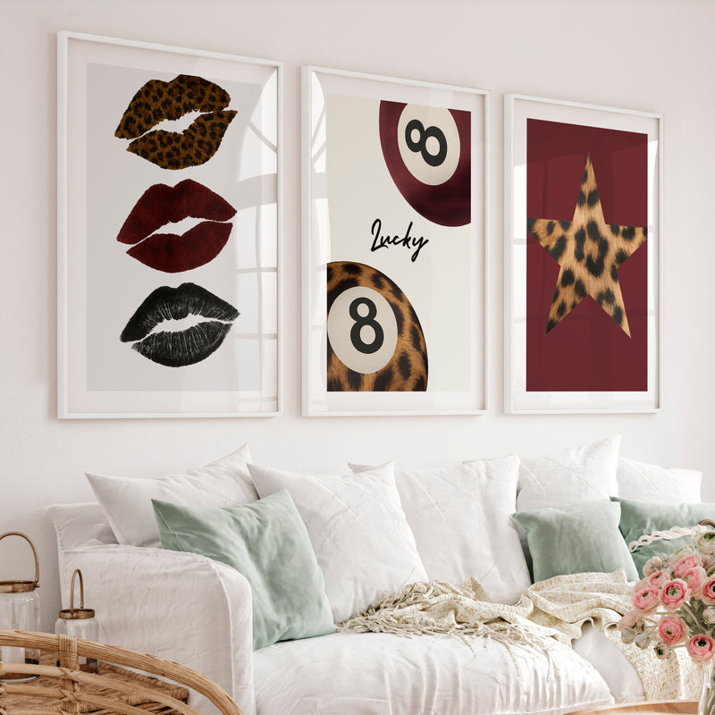 Lucky Eight Retro Posters with Leopard Lips - White Framed Poster with White Border - Artworksets