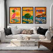 Retro Posters Featuring Pink Flamingo and Miami Beach - Black Framed Poster No Border - Artworksets