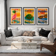 Retro Posters Featuring Pink Flamingo and Miami Beach - Black Framed Poster with White Border - Artworksets