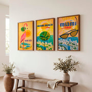 Retro Posters Featuring Pink Flamingo and Miami Beach - Dark Brown Framed Poster No Border - Artworksets