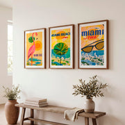 Retro Posters Featuring Pink Flamingo and Miami Beach - Dark Brown Framed Poster with White Border - Artworksets