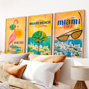 Retro Posters Featuring Pink Flamingo and Miami Beach - Natural Wood Framed Poster No Border - Artworksets