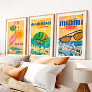 Retro Posters Featuring Pink Flamingo and Miami Beach- Natural Wood Framed Poster with White Border - Artworksets