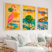 Retro Posters Featuring Pink Flamingo and Miami Beach - White Framed Poster No Border - Artworksets
