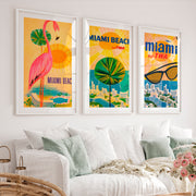 Retro Posters Featuring Pink Flamingo and Miami Beach - White Framed Poster with White Border - Artworksets