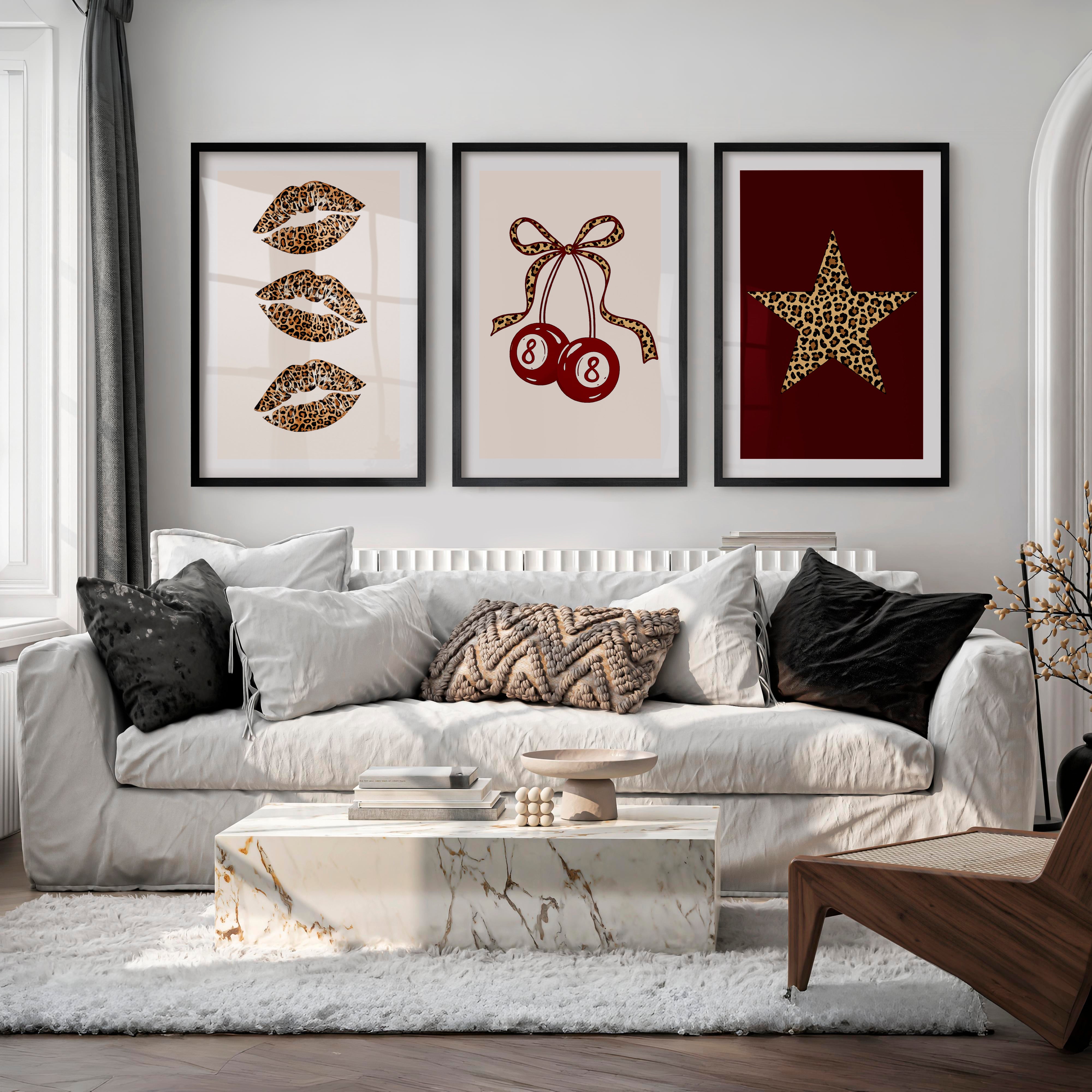 Leopard Lips and Lucky 8 Retro Posters Wall Art - Black Framed Poster with White Border - Artworksets