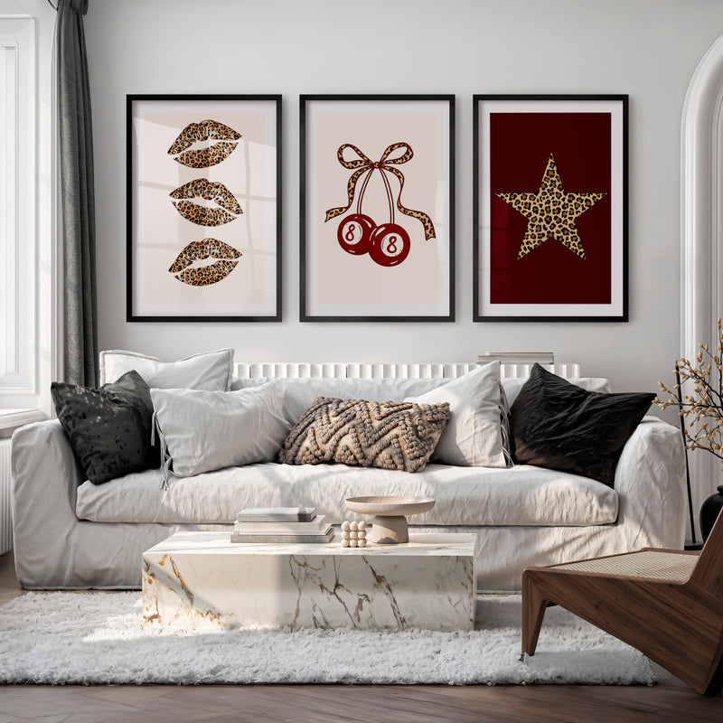 Leopard Lips and Lucky 8 Retro Posters Wall Art - Black Framed Poster with White Border - Artworksets