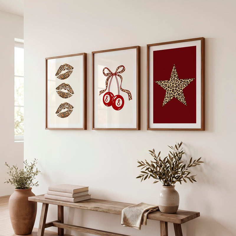 Leopard Lips and Lucky 8 Retro Posters Wall Art - Dark Brown Framed Poster with White Border - Artworksets