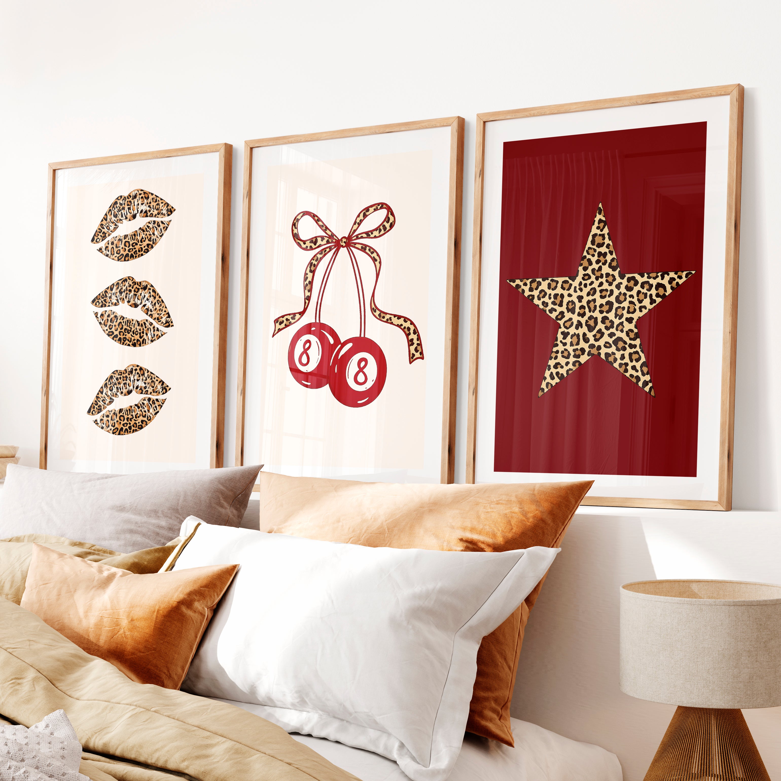Leopard Lips and Lucky 8 Retro Posters Wall Art- Natural Wood Framed Poster with White Border - Artworksets