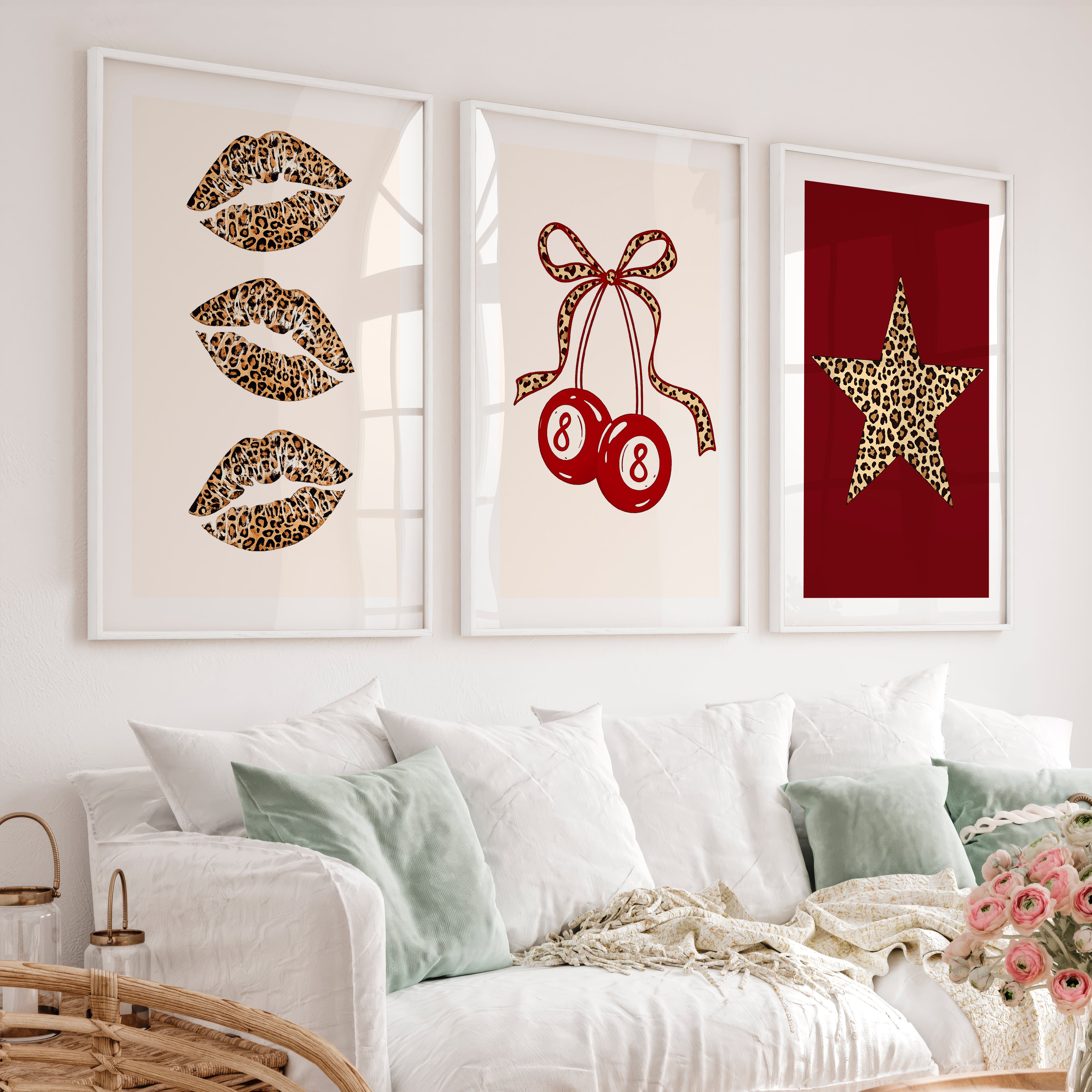 Leopard Lips and Lucky 8 Retro Posters Wall Art - White Framed Poster with White Border - Artworksets